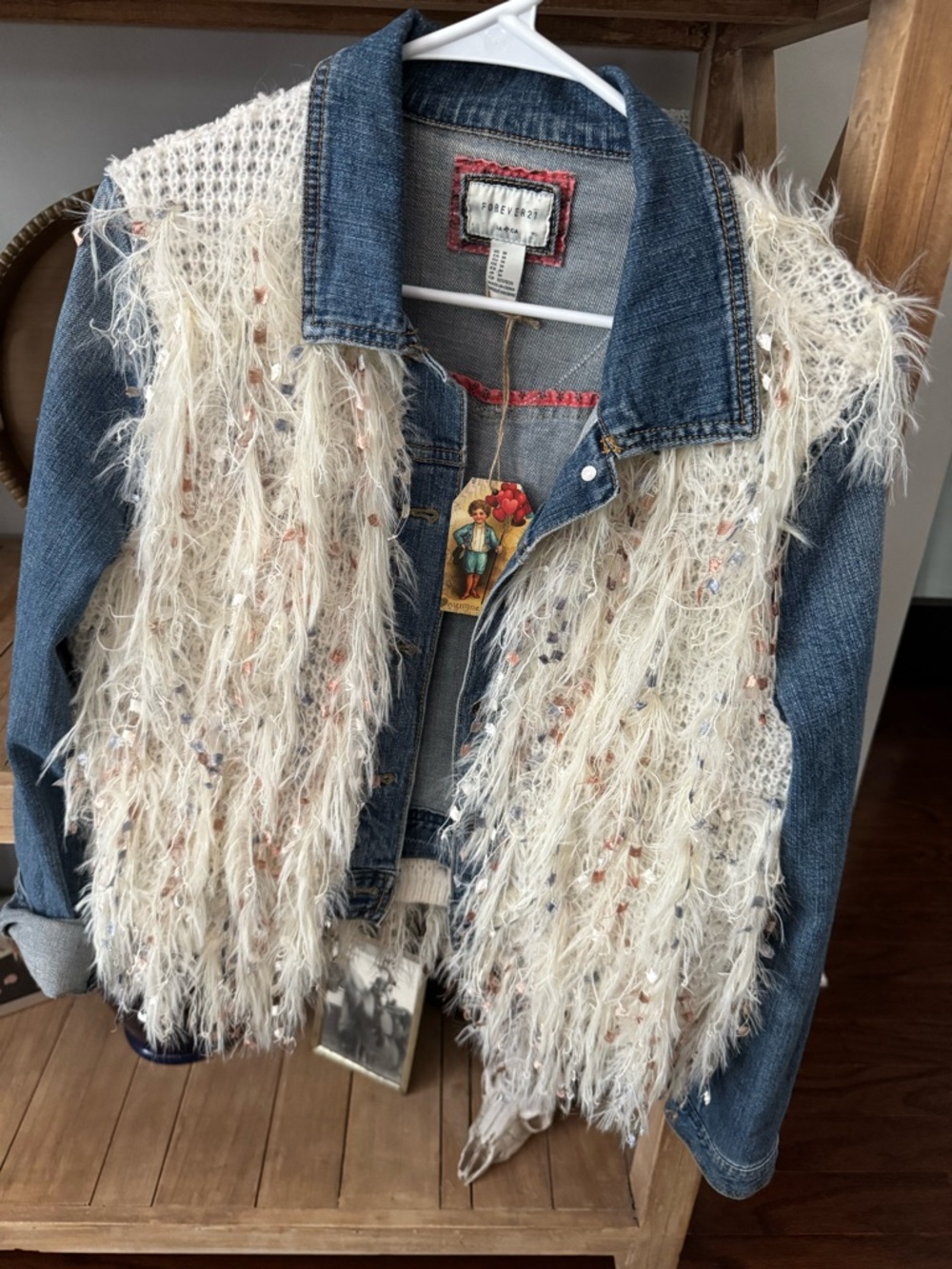 Funky upcycled Blue Denim Jacket with adorable fringe. Size medium.